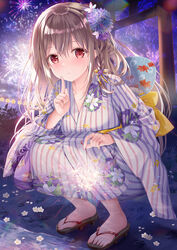  absurdres aerial_fireworks blush bow braid brown_hair commentary female finger_to_mouth fireworks floral_print flower full_body hair_between_eyes hairbow hand_fan hand_up highres holding holding_fireworks japanese_clothes kimono long_hair long_sleeves looking_at_viewer maeda_shiori md5_mismatch night outdoors paper_fan parted_lips print_kimono purple_bow red_eyes resolution_mismatch sandals senkou_hanabi shushing solo source_smaller sousouman sparkler squatting striped_clothes striped_kimono torii twinbox_school uchiwa vertical-striped_clothes vertical-striped_kimono white_flower wide_sleeves 