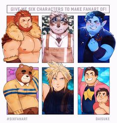  6+boys :3 age_progression aged_up ainu_clothes alternate_costume animal_crossing animal_ears apron bara bare_pectorals barley_lightfoot beanie bear_boy beard beard_stubble belly blonde_hair blue_skin blush brown_apron brown_fur bulge cape character_request chest_hair clenched_hand cloud_strife collared_shirt colored_skin daisukebear facial_hair fate/zero fate_(series) final_fantasy final_fantasy_vii fur-trimmed_cape fur_trim furry furry_male goatee_stubble grey_fur grey_hair grin hat headband highres horkeu_kamui iskandar_(fate) large_pectorals male_focus mature_male midriff_peek multicolored_hair multiple_boys multiple_drawing_challenge muscular muscular_male navel_hair nipples onward original pectorals plump pointy_ears red_cape red_eyes red_hair scratching_head shirt short_hair sideburns sidelocks sideways_glance six_fanarts_challenge smile star_(symbol) steven_quartz_universe steven_universe stomach stubble tail teddy_(animal_crossing) thick_eyebrows tokyo_afterschool_summoners two-tone_fur two-tone_hair v-shaped_eyebrows wolf_boy wolf_ears wolf_tail yellow_eyes 