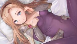  armor bed_sheet blonde_hair blue_eyes breasts commentary_request covered_navel dress eyebrows female gem highres hip_armor league_of_legends looking_at_viewer lux_(league_of_legends) lying medium_breasts medium_hair on_back pillow purple_dress shoulder_armor smile spread_legs taena twirling_hair 