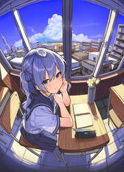  arm_rest blue_bow blue_eyes blue_hair blue_sailor_collar blue_skirt blue_sky blush bow chair city cityscape classroom closed_mouth cloud commentary cumulonimbus_cloud day desk female fisheye flower hair_between_eyes hairbow highres hololive hoshimachi_suisei indoors long_hair looking_at_viewer mechanical_pencil notebook pencil pencil_case plant pleated_skirt potted_plant sailor_collar scenery school_chair school_desk school_uniform serafuku shirokuma_1231 shirt short_sleeves shoujo_rei_(vocaloid) side_ponytail sidelocks sitting skirt sky smile solo star_(symbol) star_in_eye symbol_in_eye virtual_youtuber white_flower white_shirt 