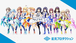  6+girls black_hair black_legwear blonde_hair blue_eyes blue_legwear braid brown_eyes brown_hair clothes_lift full_body hairband hayasaka_mei high_heels highres hyodou_shizuku ibuki_nagisa ichinose_rei idol idoly_pride jacket kawasaki_sakura_(idoly_pride) long_hair looking_at_viewer multiple_girls nagase_kotono nagase_mana narumiya_suzu official_art open_mouth ponytail purple_eyes qp:flapper saeki_haruko_(idoly_pride) shiraishi_chisa shiraishi_saki shoes short_hair skirt skirt_lift smile thighhighs uniform 