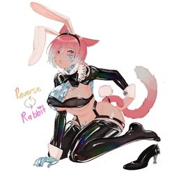  animal_ears black_bow black_footwear black_legwear blue_hair bow braid breasts cat_ears cat_girl cat_tail covered_nipples crystal crystal_exarch english_text eyes_visible_through_hair facial_mark fake_animal_ears female final_fantasy final_fantasy_xiv g&#039;raha_tia genderswap_(mtf) goldfishu hair_between_eyes heart high_heels kneeling large_breasts material_growth meme_attire miqo&#039;te multicolored_hair multicolored_tail nipples parted_lips pink_hair pink_lips protected_link rabbit_ears rabbit_tail red_eyes reverse_bunnysuit reverse_outfit rule_63 see-through short_hair simple_background solo tail white_background 