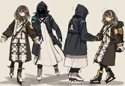  1other ;d absurdres arknights black_footwear black_gloves black_hair black_jacket blush brown_eyes commentary doctor_(arknights) female gloves grey_background highres holding_hands hood hooded_jacket ice_skates jacket long_sleeves magallan_(arknights) multicolored_hair one_eye_closed open_mouth short_hair sigm@ simple_background skates smile streaked_hair symbol-only_commentary white_footwear white_gloves white_hair 