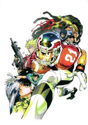  5boys absurdres american_football american_football_(object) american_football_helmet american_football_uniform ball blonde_hair clenched_teeth dreadlocks eyeshield_21 gloves goggles grin gun habashira_rui helmet highres hiruma_youichi holding holding_gun holding_weapon kakei_shun kobayakawa_sena kongou_agon looking_at_viewer multiple_boys murata_yuusuke mushanokouji_shien_(the_kid) official_art pants projected_inset running seijuro_shin sharp_teeth shoulder_pads simple_background smile sportswear submachine_gun teeth weapon white_background white_gloves wide-eyed 