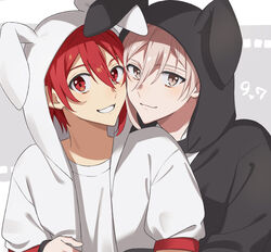  2boys animal_hood black_jacket brown_eyes brown_hair cheek-to-cheek closed_mouth grey_background hair_between_eyes heads_together highres hood hood_up hooded_jacket hug hug_from_behind idolish7 jacket kujou_tenn looking_at_viewer male_focus multiple_boys nanase_riku open_clothes open_jacket rabbit_hood red_eyes red_hair shirt short_hair short_sleeves smile unapoppo upper_body white_jacket white_shirt 