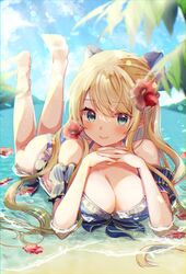  animal_ears anklet barefoot bikini blonde_hair blue_bikini blue_sky breasts cleavage closed_mouth cloud collarbone day emu_alice feet feet_up female flower frilled_bikini frills gomano_rio green_eyes hair_flower hair_ornament highres jewelry large_breasts liver_city long_hair looking_at_viewer lying nail_polish ocean on_stomach outdoors partially_submerged sky smile solo swimsuit the_pose 