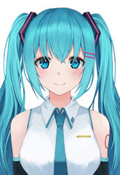  absurdres black_sleeves blue_eyes blue_hair blue_necktie breasts closed_mouth collared_shirt commentary detached_sleeves female hair_between_eyes hair_ornament hairclip hatsune_miku highres long_hair looking_at_viewer medium_breasts necktie non09_24 photoshop_(medium) shirt simple_background sleeveless sleeveless_shirt smile solo tattoo twintails upper_body very_long_hair vocaloid white_background white_shirt wing_collar 