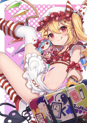  2girls absurdres apron blonde_hair bow cellphone character_doll commentary copyright_name crystal crystal_wings flandre_scarlet fumo_(doll) hair_ornament hako_momiji hat heart heart_hair_ornament heart_ribbon highres internet_survivor laevatein_(tail) logo_parody mob_cap multicolored_bow multiple_girls navel niconico one_side_up phone polka_dot polka_dot_skirt red_eyes remilia_scarlet selfie_stick shoes skirt slit_pupils smartphone smile sneakers socks stomach_tattoo striped_clothes striped_socks tail tattoo tongue tongue_out touhou toy waist_apron wings wrist_cuffs yin_yang youtube 