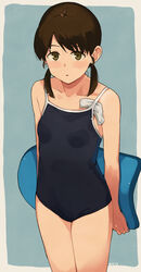  bangs banned_artist blue_one-piece_swimsuit brown_eyes brown_hair competition_school_swimsuit cowboy_shot female flat_chest kantai_collection kickboard low_twintails makio_(makiomeigenbot) parted_bangs school_swimsuit shirayuki_(kancolle) short_hair short_twintails solo standing swim_cap_removed swimsuit twintails 