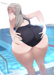  absurdres agovitch ahoge ass ass_focus ass_grab back back_cutout bad_id bad_twitter_id bent_over black_one-piece_swimsuit blurry blurry_background blush breasts clothing_cutout commentary competition_swimsuit deep_skin depth_of_field feet_out_of_frame female foreshortening from_behind grabbing_own_ass grey_eyes grey_hair hair_between_eyes half-closed_eyes highres kneepits lane_line long_hair looking_at_viewer looking_back one-piece_swimsuit open_mouth original parted_bangs pink_nails pool pool_ladder poolside profile scowl sideboob sidelocks solo standing swimsuit thick_thighs thighs v-shaped_eyebrows water wet 