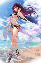  ;d absurdres adapted_costume anemone_(flower) ankle_flower asymmetrical_wings beach black_horns blue_eyes blue_sky breasts casual_one-piece_swimsuit cleavage cleavage_cutout clothing_cutout cloud covered_navel cross-laced_footwear crossed_legs feet female floating_hair flower footwear_flower full_body heterochromia high_heels highres hololive hololive_english horizon horns irys_(hololive) irys_(irys_1.0)_(hololive) legs long_hair long_skirt looking_at_viewer medium_breasts multicolored_clothes multicolored_hair multicolored_swimsuit multiple_horns nail_polish one-piece_swimsuit one_eye_closed outdoors pink_eyes pointy_ears purple_flower purple_hair red_eyes red_hair sandals showgirl_skirt sidelocks skirt sky smile solo sparkle standing strappy_heels swimsuit toenail_polish toenails toes tokisaka_makoto tucking_hair two-tone_hair two-tone_swimsuit virtual_youtuber walking watson_cross white_one-piece_swimsuit wind wings 