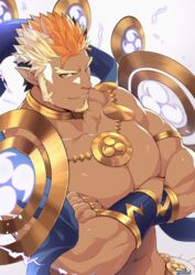  1boy abs armor bara beard cape collar commentary_request crossed_arms facial_hair from_side goatee gyee highres large_pectorals lightning lightning_background long_sideburns looking_at_viewer male_focus mature_male multicolored_hair muscular muscular_male navel nipples open_clothes orange_eyes pectorals pointy_ears raikoh_(paradiso_guardian) short_hair sideburns simple_background smile solo upper_body veins zifu 