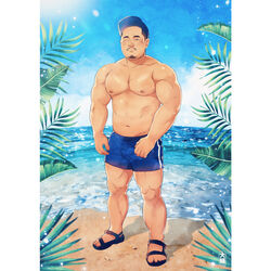  1boy abs bara baseball_cap beach blue_male_swimwear daisukebear facial_hair full_body goatee hat large_pectorals light_blush looking_at_viewer male_focus male_swimwear mature_male moustache muscular muscular_male navel nipples ocean one_eye_closed original outdoors pectorals plant plump sand shoes short_hair sideburns solo standing stomach strongman_waist swim_trunks topless_male water 