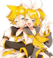  1boy arm_warmers bare_shoulders bass_clef black_sailor_collar black_sleeves blonde_hair blue_eyes blush bow brother_and_sister commentary english_commentary female grin hair_ornament hairbow hairclip half-closed_eyes hand_up headphones headset kagamine_len kagamine_rin locked_arms looking_at_viewer nail_polish neckerchief necktie oerba_yun_fang open_mouth oyamada_gamata sailor_collar school_uniform shirt short_hair short_shorts shorts shoulder_tattoo siblings sleeveless sleeveless_shirt smile spiked_hair swept_bangs tattoo treble_clef twins upper_body vocaloid w white_background white_bow white_shirt yellow_nails yellow_neckerchief yellow_necktie 