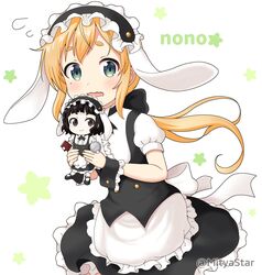  animal_ears apron black_hairband black_skirt blonde_hair blush center_frills character_name commentary_request company_connection cosplay doll fake_animal_ears female fleur_de_lapin_uniform flying_sweatdrops frilled_apron frilled_hairband frilled_shirt frilled_skirt frills gochuumon_wa_usagi_desu_ka? green_eyes hairband holding holding_doll holding_tray kirima_syaro kirima_syaro_(cosplay) lolita_hairband long_hair low_ponytail manga_time_kirara matsuko_(urara_meirochou) miniskirt mitya mole mole_under_eye natsume_nono open_mouth ponytail puffy_short_sleeves puffy_sleeves rabbit_ears shirt short_eyebrows short_sleeves simple_background skirt solo thick_eyebrows tray twitter_username underbust urara_meirochou very_long_hair waist_apron wavy_mouth white_apron white_background white_shirt wrist_cuffs 