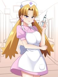  absurdres apron blonde_hair breasts cassidy_(pokemon) commission cosplay dress earrings female hat highres holding holding_syringe indoors jewelry joy_(pokemon) joy_(pokemon)_(cosplay) kurorettsu long_hair looking_at_viewer medium_breasts nurse nurse_cap parted_bangs pink_dress pixiv_commission pocket pokemon pokemon_(anime) pokemon_(classic_anime) purple_eyes smile standing syringe twintails very_long_hair 