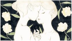  2girls border camellia collarbone flower imminent_kiss kishi_takuya multiple_girls nude original painting_(medium) portrait short_hair skinny traditional_media very_short_hair watercolor_(medium) yellow_flower yuri 