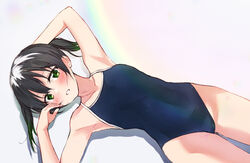  airmilk310 armpits blue_one-piece_swimsuit blush breasts collarbone commentary_request competition_school_swimsuit female gradient_hair green_eyes green_hair hair_between_eyes highres looking_at_viewer love_live! love_live!_nijigasaki_high_school_idol_club medium_hair multicolored_hair one-piece_swimsuit school_swimsuit sidelocks small_breasts solo swimsuit takasaki_yu twintails upper_body white_background 