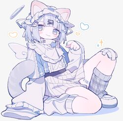  absurd_res animal_humanoid band-aid band-aid_on_knee band-aid_on_leg bandage blush cat_humanoid clothed clothing felid felid_humanoid feline feline_humanoid female footwear heart_symbol hi_res humanoid mammal mammal_humanoid omumorning shoes socks solo wings 