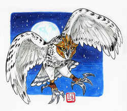  ambiguous_gender armor avian battle_claws bird feathers female_(lore) feral flying guardians_of_ga&#039;hoole headgear helmet hi_res horned_owl kabuki-aku moon night owl snowy_owl solo traditional_media_(artwork) true_owl white_body white_feathers yellow_eyes 