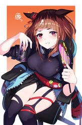  animal_ears annoyed badge black_shirt blue_jacket bob_cut border breasts brown_hair button_badge can fanny_pack female frown hand_fan highres holding holding_can holding_fan horse_ears horse_girl inverted_bob jacket large_breasts long_sleeves looking_at_viewer off_shoulder open_clothes open_jacket orange_background red_eyes shirt short_hair simple_background sitting solo squiggle swivel_chair thighs transcend_(umamusume) umamusume white_border yakupan 