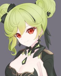  ai-chan_(honkai_impact) black_bow black_dress bow breasts cleavage closed_mouth discipline_enforcer_a1 double_bun dress female green_hair grey_background hair_bun hairbow honkai_(series) honkai_impact_3rd medium_breasts potato_258 red_eyes simple_background smile solo upper_body 