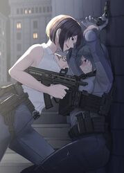  2girls absurdres against_wall aiming angry arm_tattoo bulletproof_vest bullpup d-sawa613 finger_on_trigger gloves gun h&amp;k_vp9 handgun heckler_&amp;_koch highres holding holding_gun holding_weapon holster holstered hs2000 magazine_(weapon) multiple_girls original radio short_hair stribog_sp9 submachine_gun tactical_clothes tattoo tourniquet weapon 