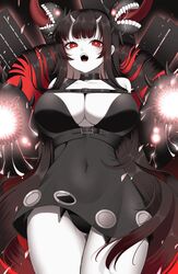  abyssal_ship atoll_aircraft_carrier_anchorage_princess black_dress black_hair breasts cleavage colored_skin covered_navel dress eyelashes fangs female grey_skin highres horns kantai_collection large_breasts long_hair looking_at_viewer open_mouth panties red_eyes saliva solo teeth tongue underwear very_long_hair yomogi_dango 