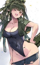  arknights breasts cleavage collarbone covered_navel cowboy_shot crocodile_girl crocodilian_tail cropped_jacket dreadlocks female gavial_(arknights) green_hair green_tail highres kyuu_(plastic_night_q) looking_at_viewer one-piece_swimsuit one_eye_closed open_mouth pointy_ears short_shorts shorts smile solo spiked_tail swimsuit tail teeth thighs upper_teeth_only yellow_eyes 