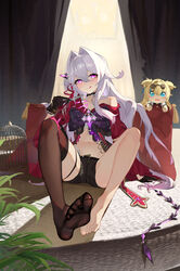  absurdres barefoot birdcage black_gloves black_shorts brown_thighhighs cage closed_eyes doll feet female full_body gloves highres holding holding_scissors honkai_(series) honkai_impact_3rd jacket legs long_hair looking_at_viewer nail_polish navel no_shoes pillow pink_eyes red_jacket scissors shadow shorts single_thighhigh sitting smile soles solo songque_(honkai_impact) stomach thelema_(honkai_impact) thighhighs toenail_polish toenails toes tongue tongue_out very_long_hair whip white_hair yuan_zhen_(user_pnhx4422) 