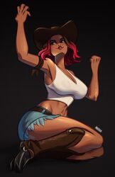  arm_up artist_name boots breasts brown_eyes brown_footwear brown_hat calamity_(fortnite) clenched_hand commentary cowboy_boots cowboy_hat crop_top dark-skinned_female dark_skin denim denim_skirt detached_sleeves english_commentary female fortnite full_body hat highres knee_boots large_breasts legs_together looking_up magaska medium_hair midriff miniskirt navel no_bra on_floor pink_hair pink_lips skirt solo tank_top thick_eyebrows toned toned_female v-neck white_tank_top 