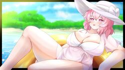  absurdres alternate_costume beach belly blurry blurry_background breasts commentary dress female ginari hat highres large_breasts navel one-piece_swimsuit open_mouth pink_eyes pink_hair plump saigyouji_yuyuko saigyouji_yuyuko_(seamless_swimsuit_ghost) see-through see-through_dress short_hair solo swimsuit thighs touhou touhou_lostword white_dress white_hat white_one-piece_swimsuit 