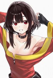  armpits arms_behind_head arms_up belt black_hair blush collarbone dress female fingerless_gloves flat_chest gloves highres kono_subarashii_sekai_ni_bakuen_wo! kono_subarashii_sekai_ni_shukufuku_wo! megumin no_bra open_mouth red_dress red_eyes short_hair short_hair_with_long_locks smile solo taroekaki 