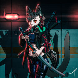  1:1 2021 anamorphic_lens_flare anthro asian_clothing backpack belt blaedic bottomwear breasts charm_(jewelry) cheek_tuft cleavage clothed clothing crop_top cyberpunk detailed_background domestic_cat ear_bell ear_piercing east_asian_clothing facial_tuft felid feline felis female female_anthro front_view fully_clothed gas_mask grey_hair hair haori hi_res holding_katana holding_melee_weapon holding_object holding_sword holding_weapon inner_ear_fluff japanese_clothing japanese_text leather leather_bottomwear leather_clothing leather_pants long_tail looking_at_viewer mammal mask melee_weapon midriff navel orange_eyes pants piercing portrait pose pupils red_light samurai shadow shirt slit_pupils solo standing sword sword_on_back tail text three-quarter_portrait tight_bottomwear tight_clothing tight_pants topwear tuft unsheathing_weapon warrior weapon 