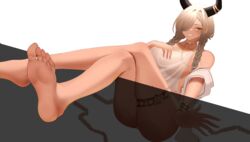  absurdres ass azur_lane blonde_hair braid breasts brown_horns commentary crossed_legs english_commentary feet female hair_over_one_eye highres horns large_breasts low_twin_braids official_alternate_costume one-piece_swimsuit owari_(azur_lane) owari_(shimmering_forsythia)_(azur_lane) see-through see-through_one-piece_swimsuit simple_background sirtunalazycat smile solo swimsuit thighlet twin_braids white_background white_one-piece_swimsuit yellow_eyes 