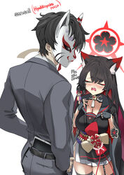  1boy animal_ear_fluff animal_ears black_kimono blazingchaos blue_archive blue_archive_the_animation breasts cleavage crying english_text female fingerless_gloves fox_ears fox_girl fox_mask gloves halo highres japanese_clothes kimono long_hair mask red_halo sensei_(blue_archive) sensei_(blue_archive_the_animation) snot tablet_pc wakamo_(blue_archive) 