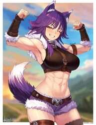  abs absurdres animal_ear_fluff animal_ears arm_belt arm_warmers armpits bare_shoulders belt black_shirt blue_sky breasts brown_belt cloud cloudy_sky collar commentary cowboy_shot cropped_shirt english_commentary female flexing fur-trimmed_shorts fur_trim grin groin hair_between_eyes half-closed_eye highres large_breasts leg_belt light_blush long_hair looking_at_viewer makoto_(princess_connect!) metal_collar midriff muscular muscular_female navel one_eye_closed princess_connect! purple_hair purple_shorts shirt short_shorts shorts sidelocks signature sivarkart skindentation sky sleeveless sleeveless_shirt smile solo standing sunset tail teeth thigh_strap tomboy underbust web_address wolf_ears wolf_girl wolf_tail yellow_eyes 