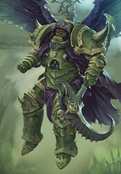  1boy armor armored_boots boots breastplate cataracts chains chaos_(warhammer) clawed_gauntlets clenched_hand colored_skin commentary couter crotch_plate cuirass damaged_skin death_guard decay decaying_skin demon_primarch demon_wings disease english_commentary flying full_body gauntlets greaves green_armor green_background green_skin grohgrog highres holding holding_scythe holding_weapon injury insect_wings leg_armor male_focus monster mortarion moth_wings no_nose no_pupils nurgle pauldrons pelvic_curtain poleyn power_armor primarch purple_wings rerebrace respirator scythe shoulder_armor shoulder_spikes silence_(weapon) skeletal_face skull skull_ornament spiked_hood spiked_pauldrons spikes torn_wings unfinished warhammer_40k weapon white_eyes wings 