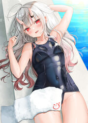  absurdres bare_shoulders blue_one-piece_swimsuit blush breasts collarbone competition_school_swimsuit covered_navel female gradient_hair grey_hair highres hololive horns long_hair looking_at_viewer lying multicolored_hair nakiri_ayame oerba_yun_fang ohagetty on_back one-piece_swimsuit oni open_mouth red_eyes red_hair school_swimsuit skin-covered_horns skin_fang small_breasts smile solo streaked_hair swimsuit virtual_youtuber 