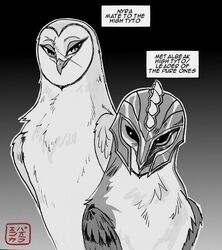  armor avian barn_owl bird black_eyes duo feathers female feral guardians_of_ga&#039;hoole headgear headgear_only helmet helmet_only hi_res kabuki-aku kludd male mask metal_beak monochrome nyra_(gogh) owl scar tyto tytonid white_body white_feathers 