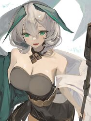  absurdres ambience_synesthesia aqua_eyes arknights black_dress breasts cowboy_shot dress feather_hair feathered_wings female grey_hair hair_between_eyes head_wings highres ho&#039;olheyak_(arknights) ho&#039;olheyak_(carriage_of_the_winds_of_time)_(arknights) holding holding_wand looking_at_viewer medium_hair official_alternate_costume open_mouth sinoda solo standing wand wings 