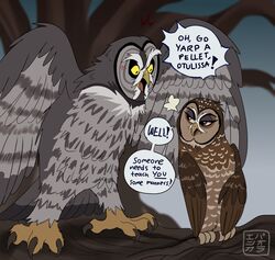  angry avian bird brown_body brown_eyes brown_feathers claws dialogue duo feathers female feral great_grey_owl grey_body grey_feathers guardians_of_ga&#039;hoole hi_res kabuki-aku male otulissa owl plant size_difference spotted_owl strix_(genus) toe_claws tree true_owl twilight_(gogh) yellow_eyes 