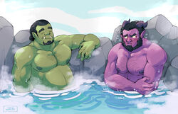  2boys absurdres arm_hair averting_eyes bara beard belly chest_hair colored_skin demon_boy facial_hair flying_sweatdrops goatee green_skin hair_bun hair_slicked_back hairy highres large_pectorals male_focus mature_male monster_boy multiple_boys muscular muscular_male navel_hair neeul_(dick_gumshoe) nude onsen orc original partially_submerged pectorals plump pointy_ears purple_skin relaxing rock scorn_(dick_gumshoe) short_hair simple_background single_hair_bun sparse_chest_hair steam stomach syrupmancer thick_eyebrows tusks water wet yaoi 