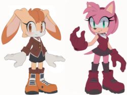  2024 aged_up amy_rose anthro blue_archer_(artist) brown_eyes clothed clothing cream_the_rabbit duo eulipotyphlan female green_eyes hedgehog idw_publishing lagomorph leporid mammal rabbit redesign sega simple_background smile sonic_the_hedgehog_(comics) sonic_the_hedgehog_(idw) sonic_the_hedgehog_(series) 