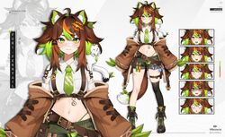  :3 :p ahoge animal_ear_fluff animal_ears asymmetrical_footwear asymmetrical_legwear bandaid bandaid_on_face bandaid_on_nose belt black_footwear blush boots brown_belt brown_hair brown_jacket character_name closed_mouth collared_shirt colored_inner_animal_ears colored_inner_hair commentary compass crop_top cross-laced_clothes cross-laced_top english_commentary female frown full_body furi_ferntail gradient_eyes green_eyes green_hair green_necktie green_panties green_shorts hair_ornament highleg highleg_panties highres jacket leaf logo looking_at_viewer multicolored_eyes multicolored_hair namishiron navel necktie o_o oerba_yun_fang official_art open_clothes open_jacket open_mouth orange_hair panties pin potion reference_sheet scratches shadow shirt short_shorts shorts sleeves_past_fingers sleeves_past_wrists standing stomach streaked_hair test_tube tongue tongue_out twitter_username underwear virtual_youtuber vreverie white_shirt 