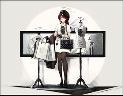  alternate_costume arknights ascot bag bead_necklace beads beret black_ascot black_border black_footwear black_gloves black_hat black_pantyhose blackcat_enjia border chain_necklace chains chanel collared_dress commentary dress exusiai_(arknights) fashion female full_body gloves hair_over_one_eye halo handbag hat highres holding holding_bag jewelry leather_bag long_hair mannequin necklace orange_eyes pantyhose penguin_logistics_logo red_hair shadow shopping_bag short_sleeves solo spotlight standing straight-on very_long_hair white_dress 