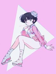  absurdres blue_eyes breasts en_0410 female highres ice_skates invisible_chair legs official_alternate_costume pink_background ranma_1/2 short_hair sitting skates solo tendou_akane triangle twitter_username 