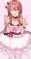  :o absurdres bent_v bishi_a_(b_a1210) black_choker blush brown_hair choker collarbone double_v dress feet_out_of_frame female frilled_wristband hair_between_eyes hairband highres idolmaster idolmaster_shiny_colors long_hair looking_at_viewer osaki_tenka pantyhose ribbon solo v very_long_hair white_dress white_hairband white_pantyhose wishful_lily_(idolmaster) wrist_ribbon 