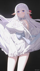  black_background blue_eyes blush_stickers bow braid breasts chilakkk collar commentary corset dress dress_tug elf feet_out_of_frame female floating_clothes floating_hair frilled_dress frilled_sleeves frills grey_hair hairbow hand_up highres large_breasts long_hair long_pointy_ears long_sleeves looking_at_viewer maou_no_ore_ga_dorei_elf_wo_yome_ni_shitanda_ga_dou_medereba_ii? metal_collar nephelia parted_lips pointy_ears red_bow sidelocks simple_background solo standing teeth twitter_username very_long_hair white_corset white_dress wide_sleeves 