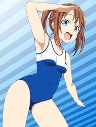  :d arm_at_side arm_up armpits ass_visible_through_thighs blue_background blue_eyes blue_one-piece_swimsuit breasts brown_hair collarbone commentary_request competition_school_swimsuit contrapposto covered_navel cowboy_shot emblem female from_side gradient_background happy high_ponytail high_school_fleet impossible_clothes impossible_swimsuit leaning_forward medium_hair misaki_akeno one-piece_swimsuit open_mouth parted_bangs ponytail round_teeth salute school_swimsuit short_ponytail sidelocks small_breasts smile solo standing straight_hair striped_background swimsuit teeth tongue two-tone_swimsuit upper_teeth_only yagitori yokosuka_girls_marine_high_school_swimsuit 